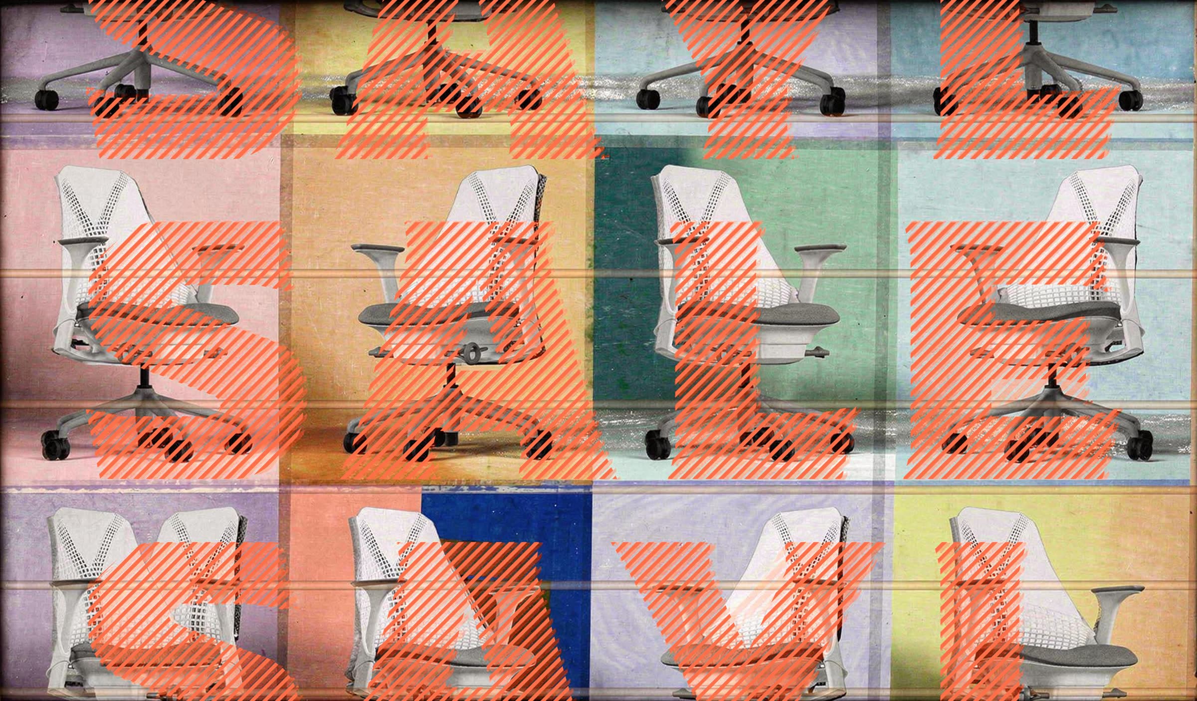 SAYL SALE poster — twelve Herman Miller Sayls on a colorful grid